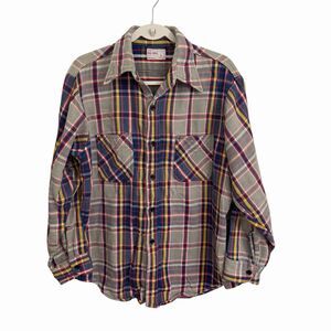 Big Mac JC Penney Flannel Shirt Mens Large Gray Blue Plaid USA 70s Vintage